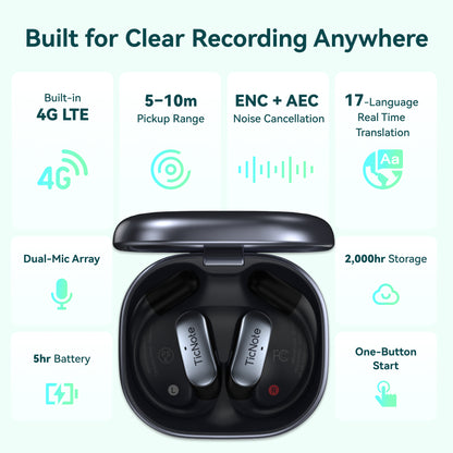 TicNote Pods Wearable AI Voice Recorder | Built-in 4G, Auto Meeting Notes, 17-Language Translation