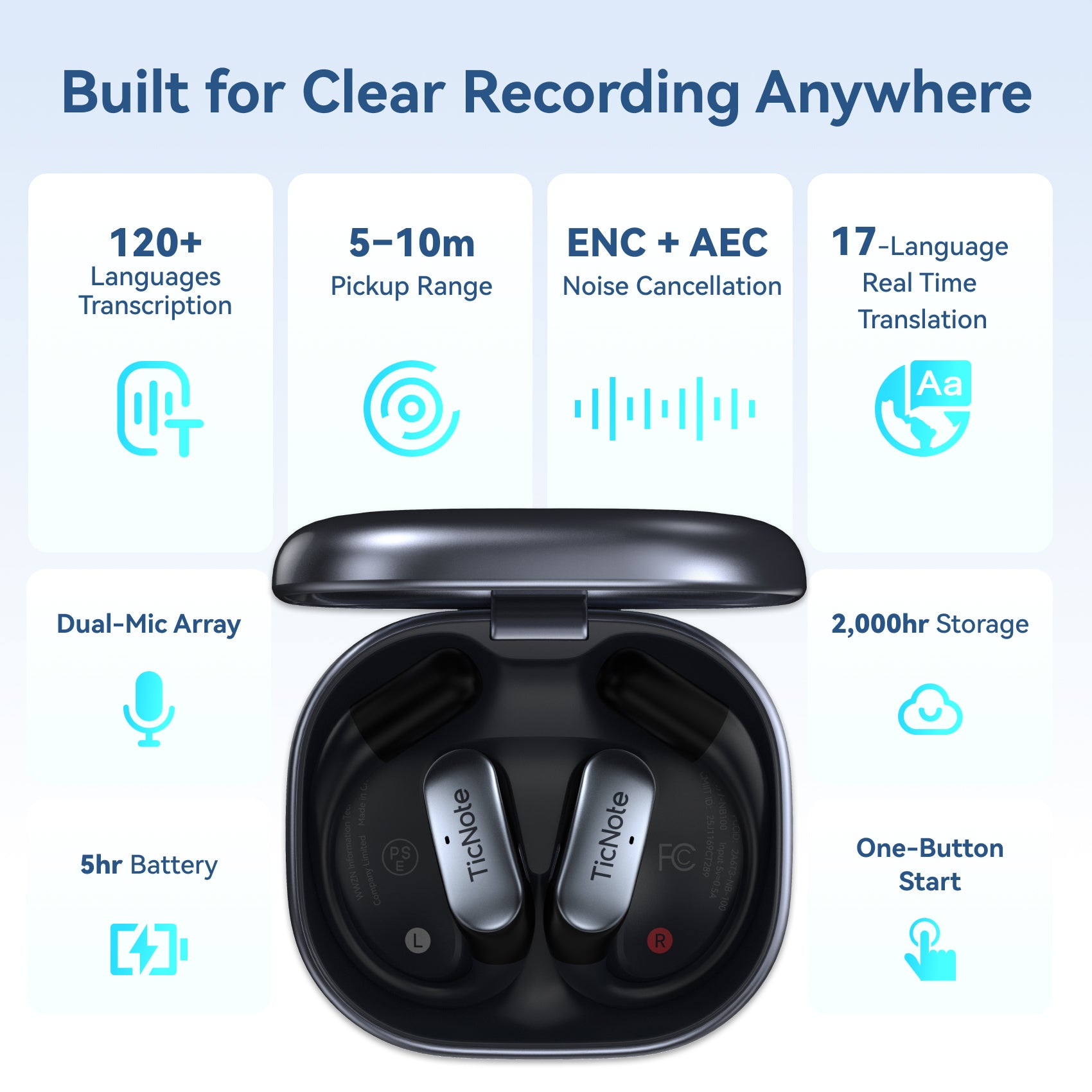 TicNote Pods AI Transcription Earbuds | WiFi Connect, Voice Recorder &amp; ENC
