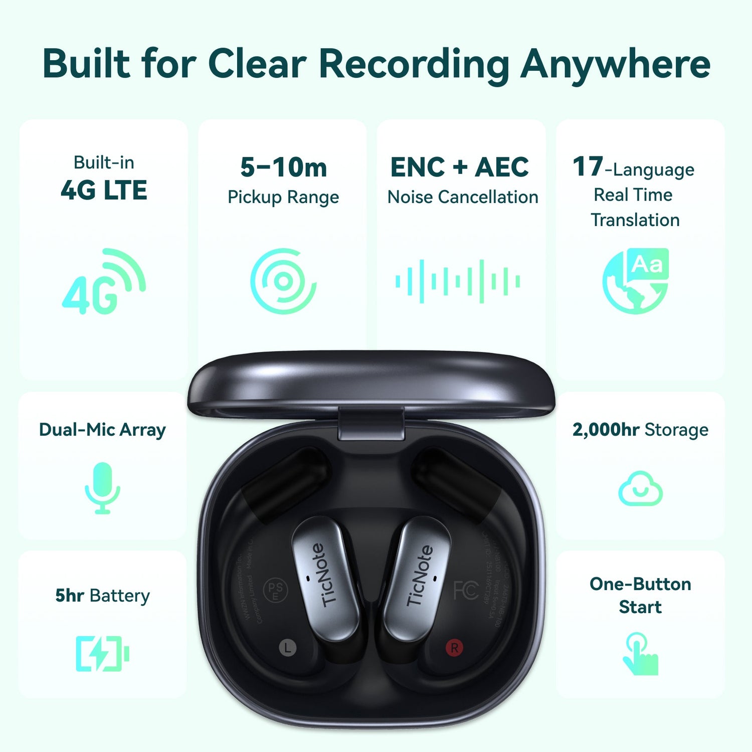 TicNote Pods 4G Wearable AI Voice Recorder | Built-in 4G, Auto Meeting Notes, 360° Omnidirectional Pickup (10m Range) &amp; ENC - Ticnote