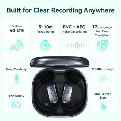 TicNote Pods 4G Wearable AI Voice Recorder | Built-in 4G, Auto Meeting Notes, 360° Omnidirectional Pickup (10m Range) &amp; ENC - Ticnote