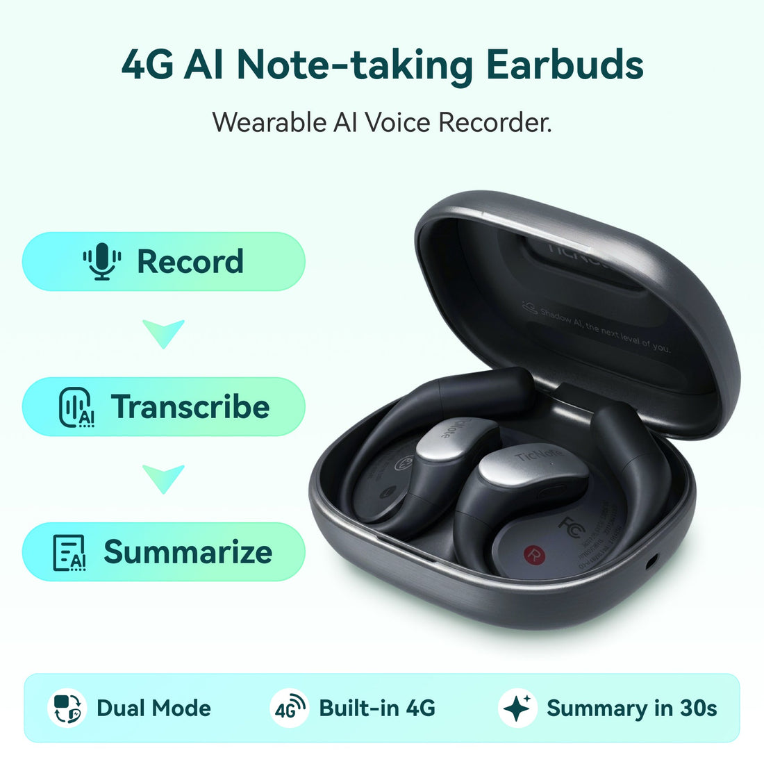 TicNote Pods 4G Wearable AI Voice Recorder | Built-in 4G, Auto Meeting Notes, 360° Omnidirectional Pickup (10m Range) &amp; ENC - Ticnote