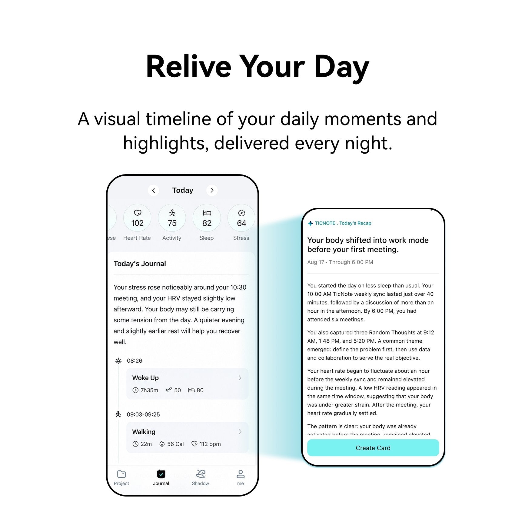 スマホアプリのジャーナル画面。睡眠・心拍・ストレスの数値と、その日の出来事の要約が時系列で並ぶ
